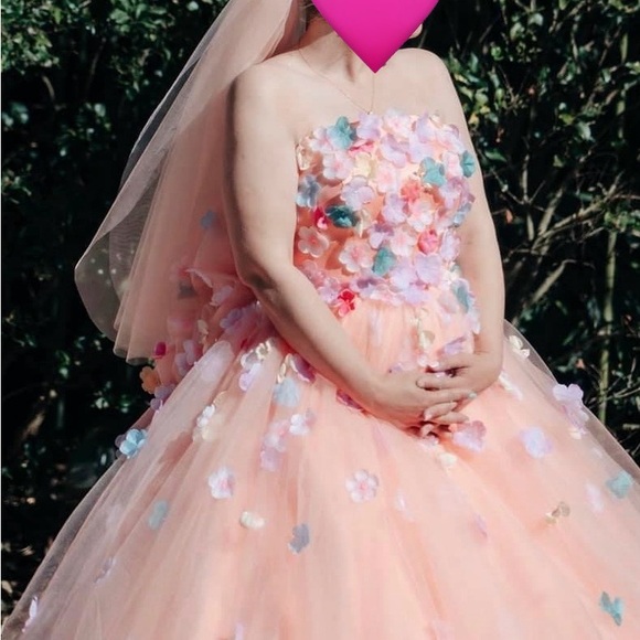 ( DM 1st) Peach Tulle Floral Appliqué Wedding or Quinceañera Gown Size 12-14 - Picture 16 of 16